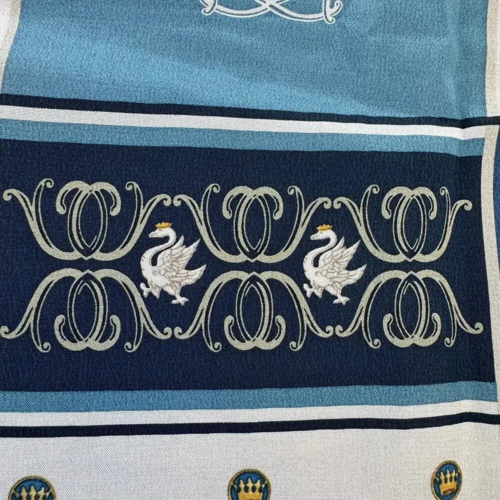 European Equestrian Silk Scarf - Blue Checkered Cultural Heritage Crest Motif